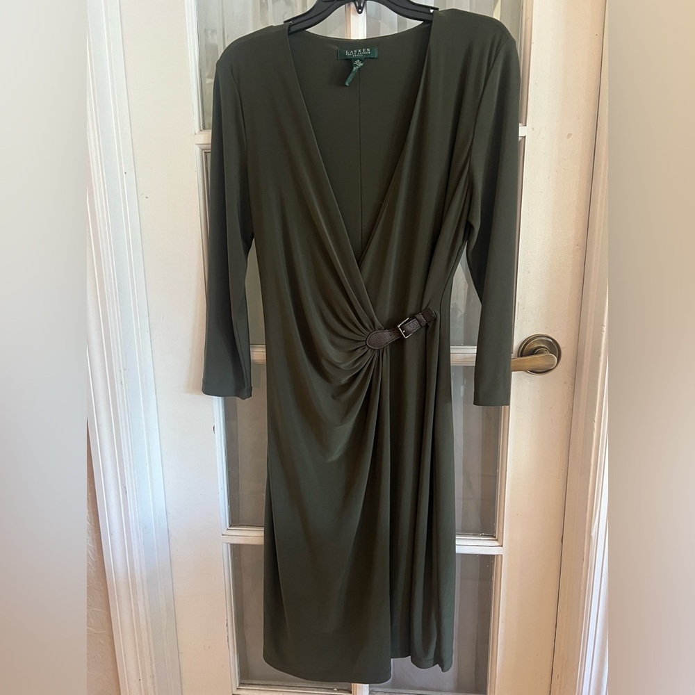 EUC SZ 10 Ralph Lauren Olive Green faux wrap dress